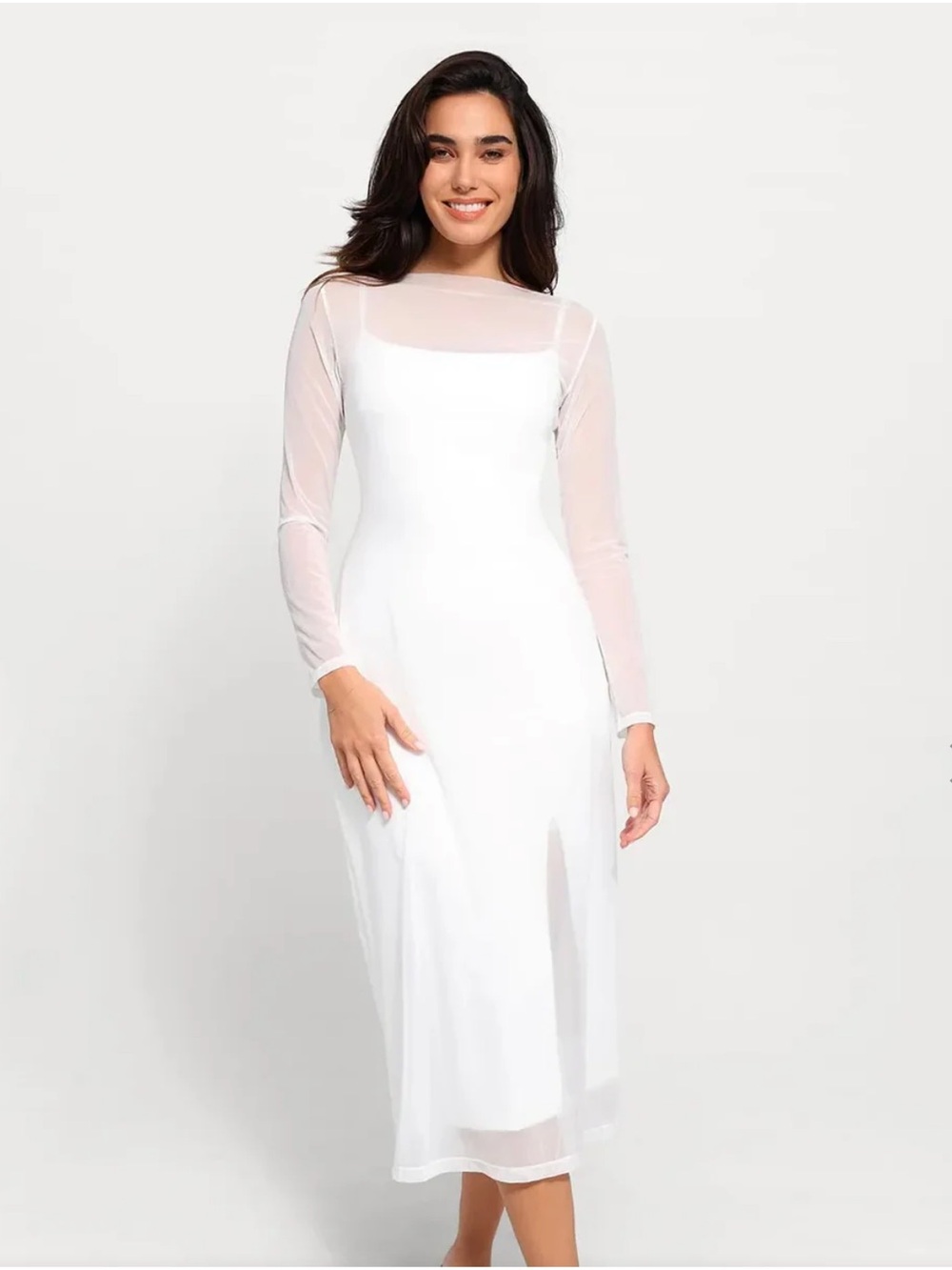 Popilush Sheer Sleeve White Midi Dress